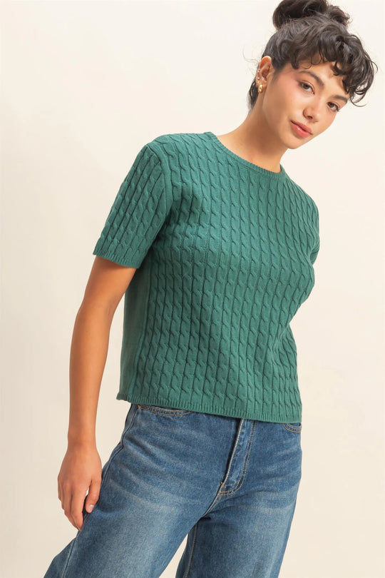 Ladies HYFVE Cable Knit Short Sleeve Sweater Top - DZ25F138