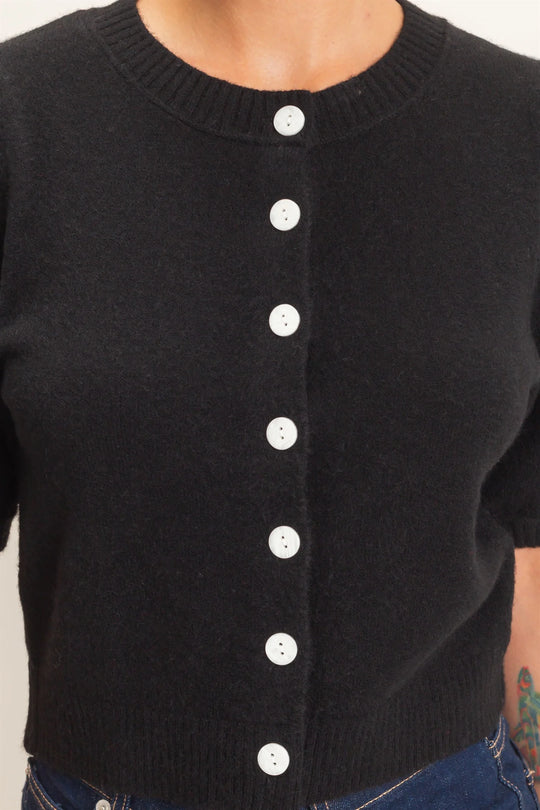 Ladies Hyfve Button Front Puff Short Sleeve Cardigan - Black - DZ26C960