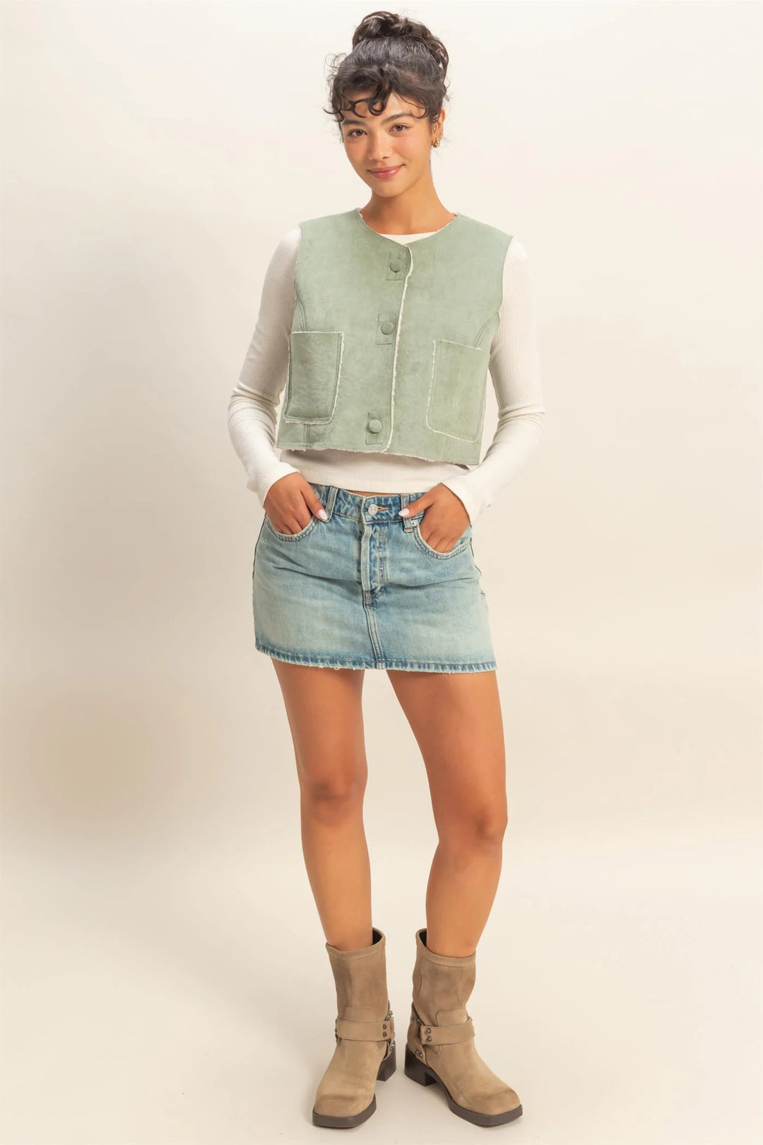 Ladies Hyfve Suede Cropped Vest With Pockets - DZ25E607