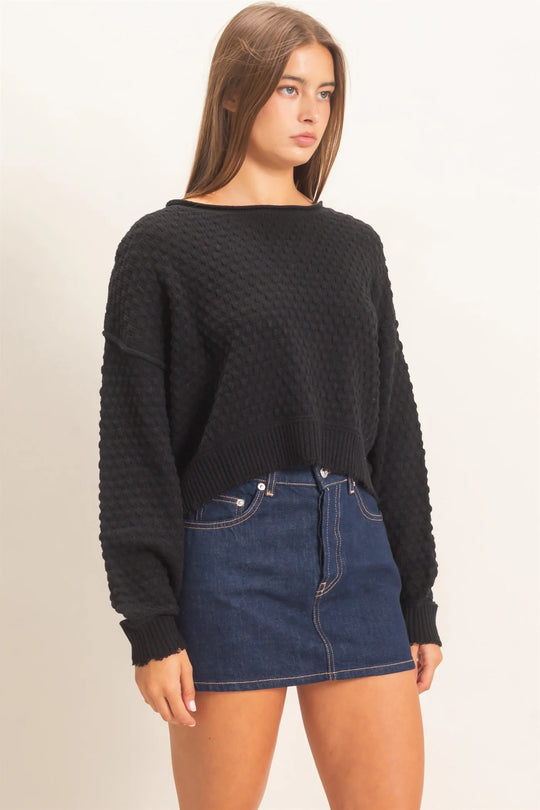 Ladies Hyfve Textured Boat Neck Sweater - Black - DZ26E880