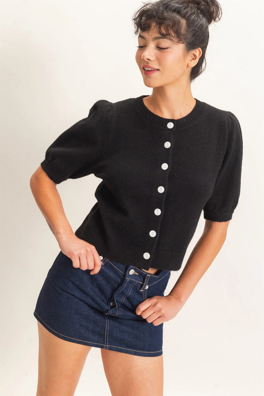 Ladies Hyfve Button Front Puff Short Sleeve Cardigan - Black - DZ26C960