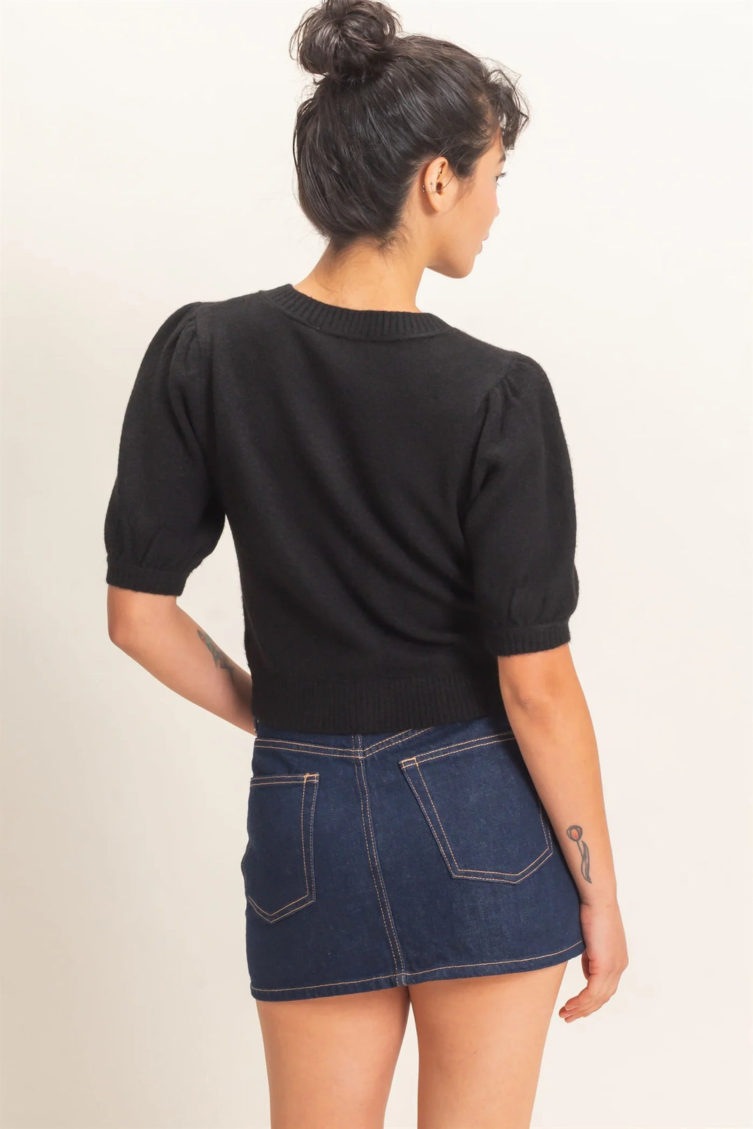 Ladies Hyfve Button Front Puff Short Sleeve Cardigan - Black - DZ26C960