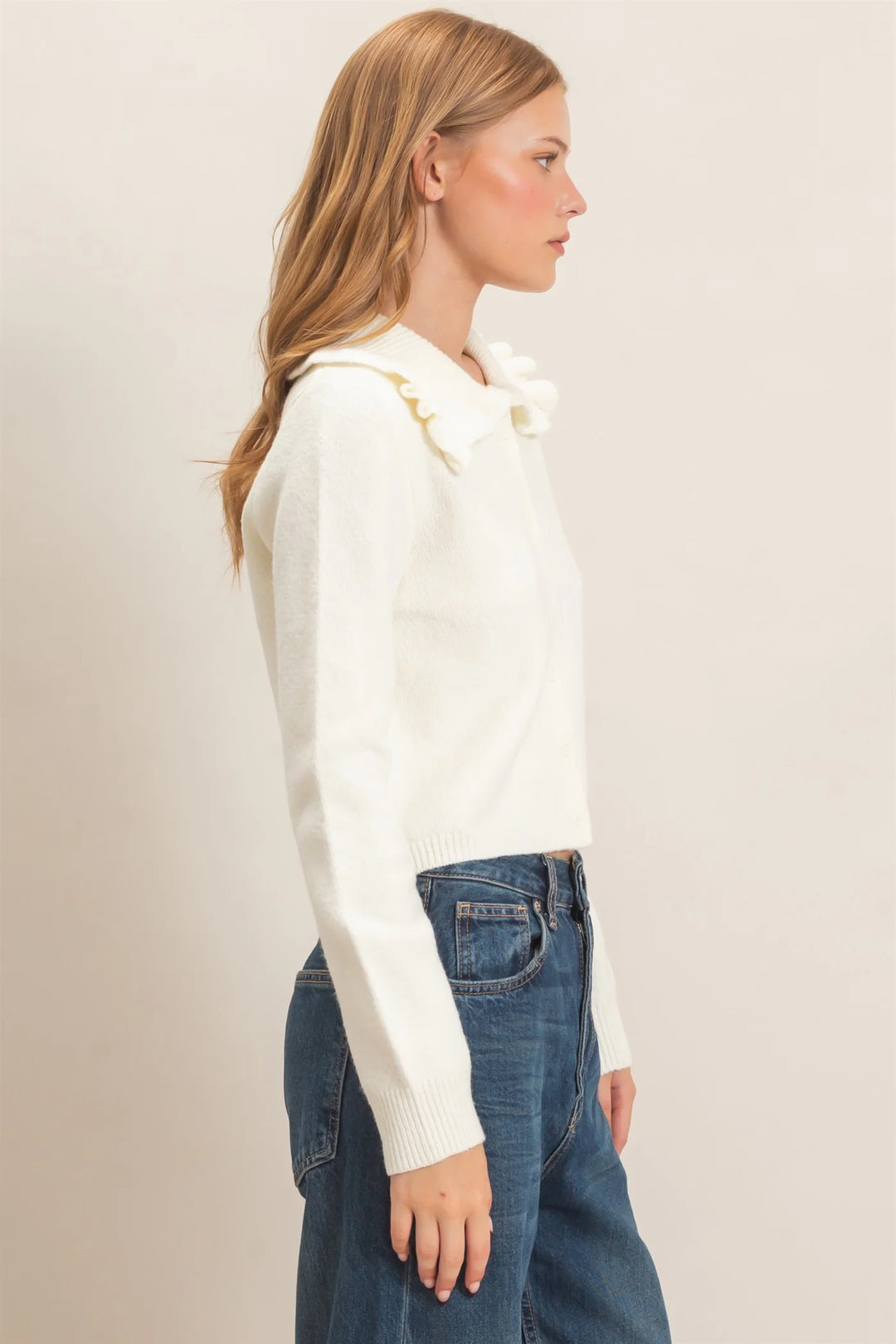 Ladies Hyfve Ruffled Collar Knit Cardigan - Ivory - HF26E162-D