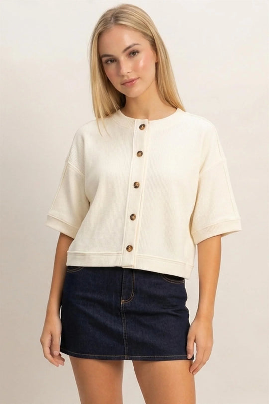 Ladies Hyfve Button-Down Short Sleeve Waffle Top - Cream - DZ26F244