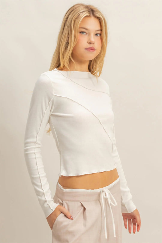 Ladies HYFVE Asymmetrical Raw Edge Knit Long Sleeve Top - HF25F358OffWhite