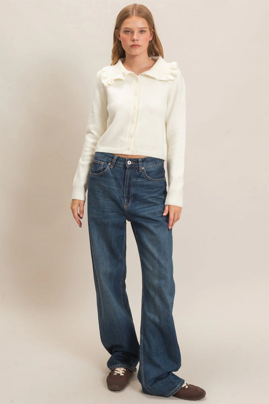 Ladies Hyfve Ruffled Collar Knit Cardigan - Ivory - HF26E162-D