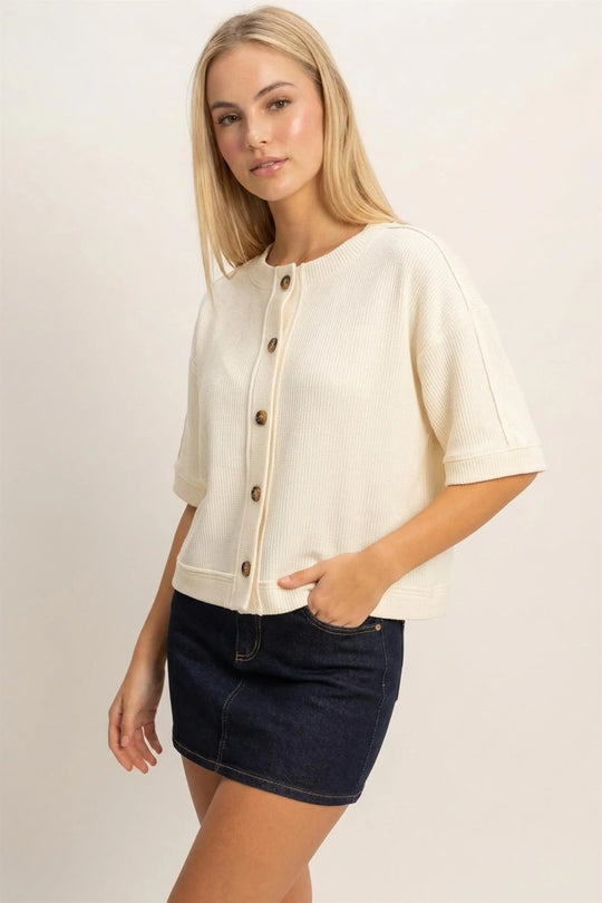 Ladies Hyfve Button-Down Short Sleeve Waffle Top - Cream - DZ26F244