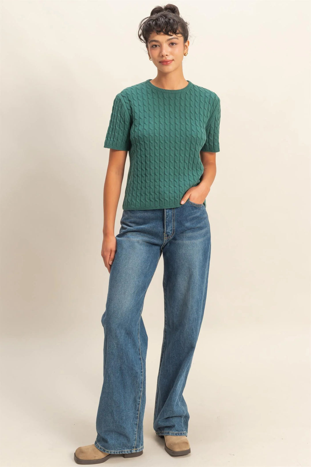 Ladies HYFVE Cable Knit Short Sleeve Sweater Top - DZ25F138