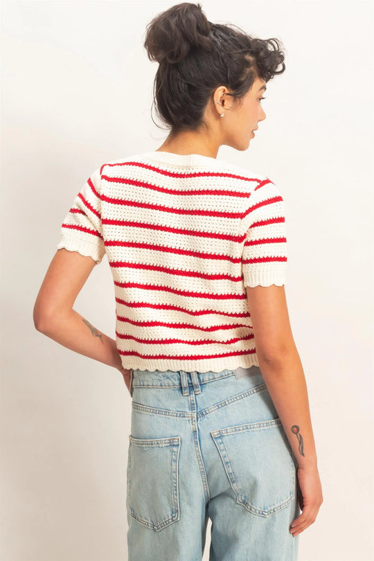 Ladies HYFVE Striped Short Sleeve Cardigan With Scallop Edge - DZ26A605