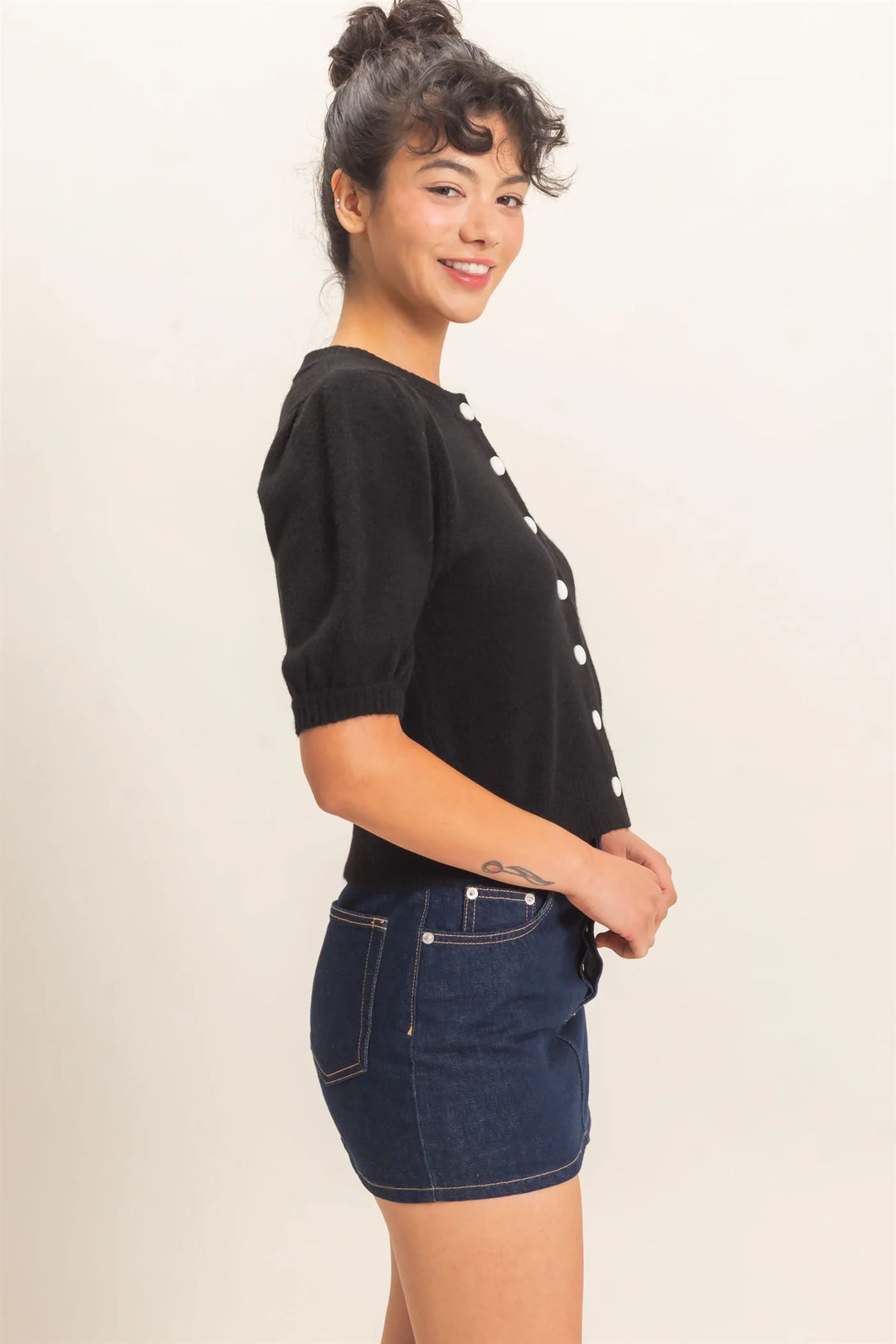 Ladies Hyfve Button Front Puff Short Sleeve Cardigan - Black - DZ26C960
