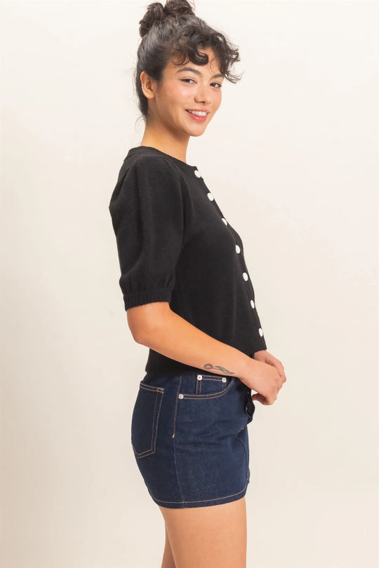 Ladies Hyfve Button Front Puff Short Sleeve Cardigan - Black - DZ26C960