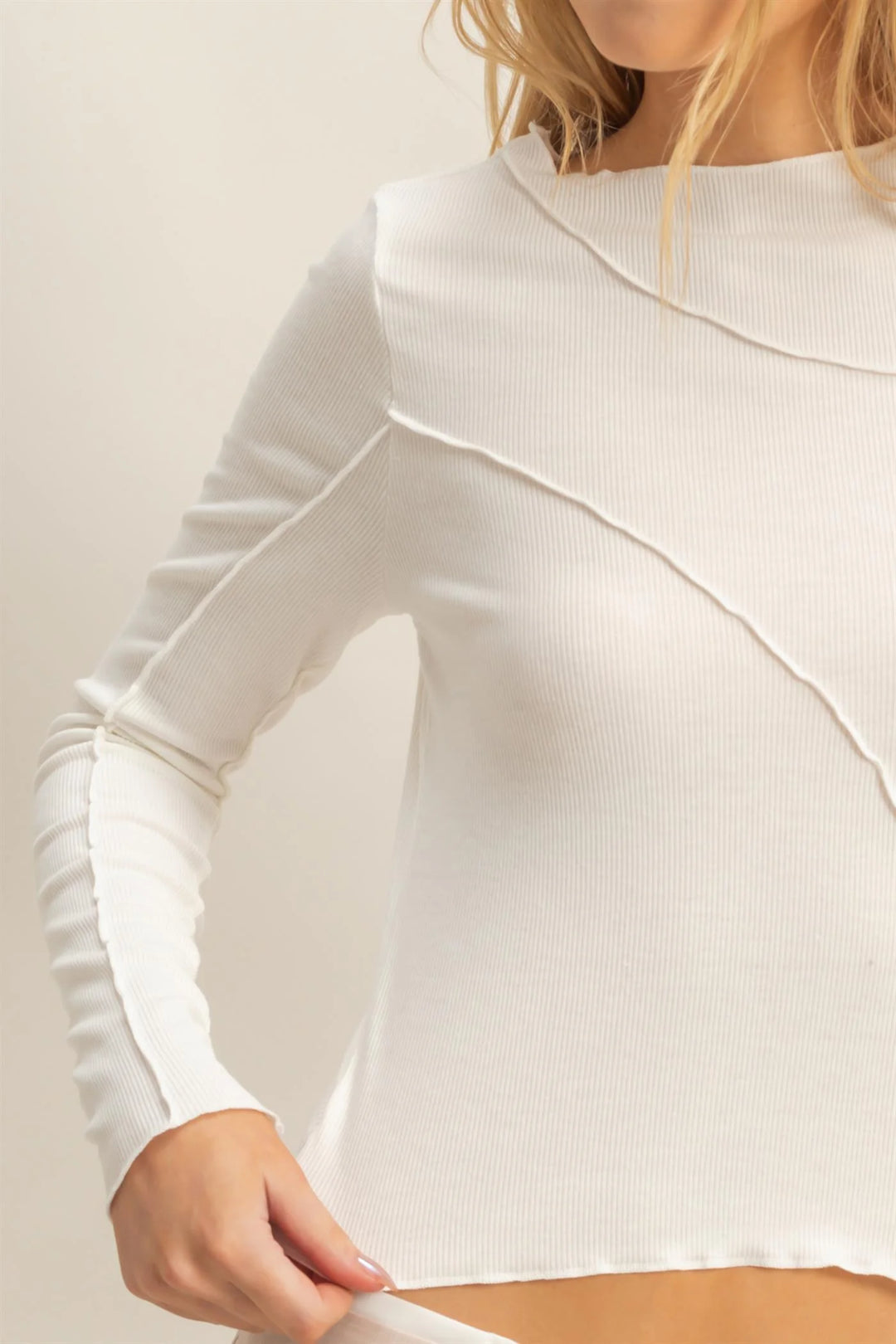 Ladies HYFVE Asymmetrical Raw Edge Knit Long Sleeve Top - HF25F358OffWhite