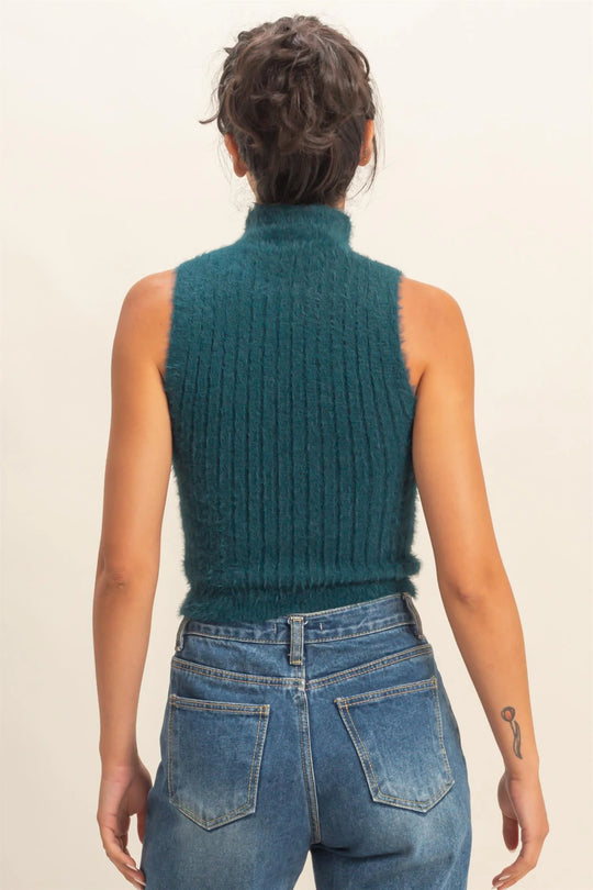 Ladies Hyfve Deep Green Ribbed Sleeveless High Neck Knit Top - DZ25F113