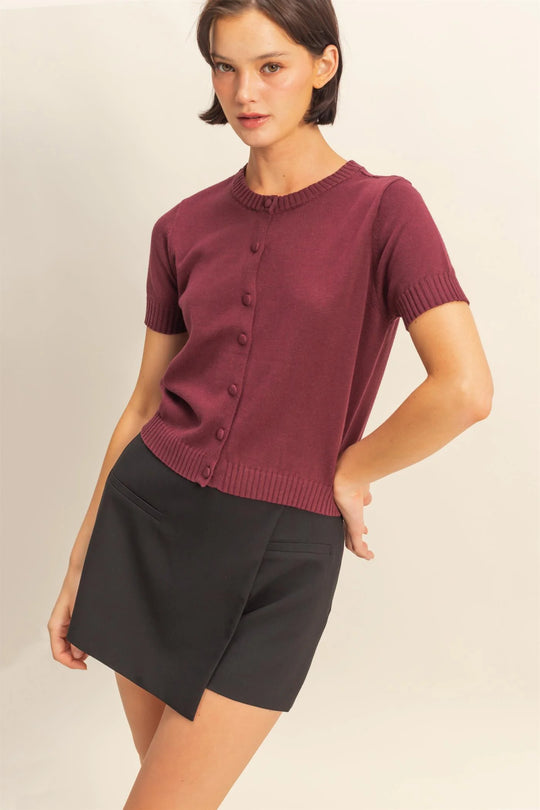 Ladies HYFVE Crew Neck Short Sleeve Buttoned Cardigan - DZ25E499