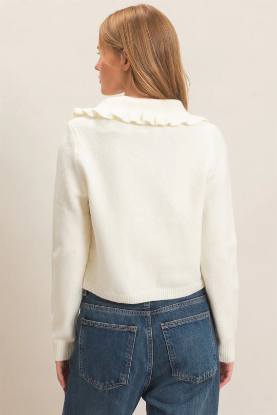Ladies Hyfve Ruffled Collar Knit Cardigan - Ivory - HF26E162-D