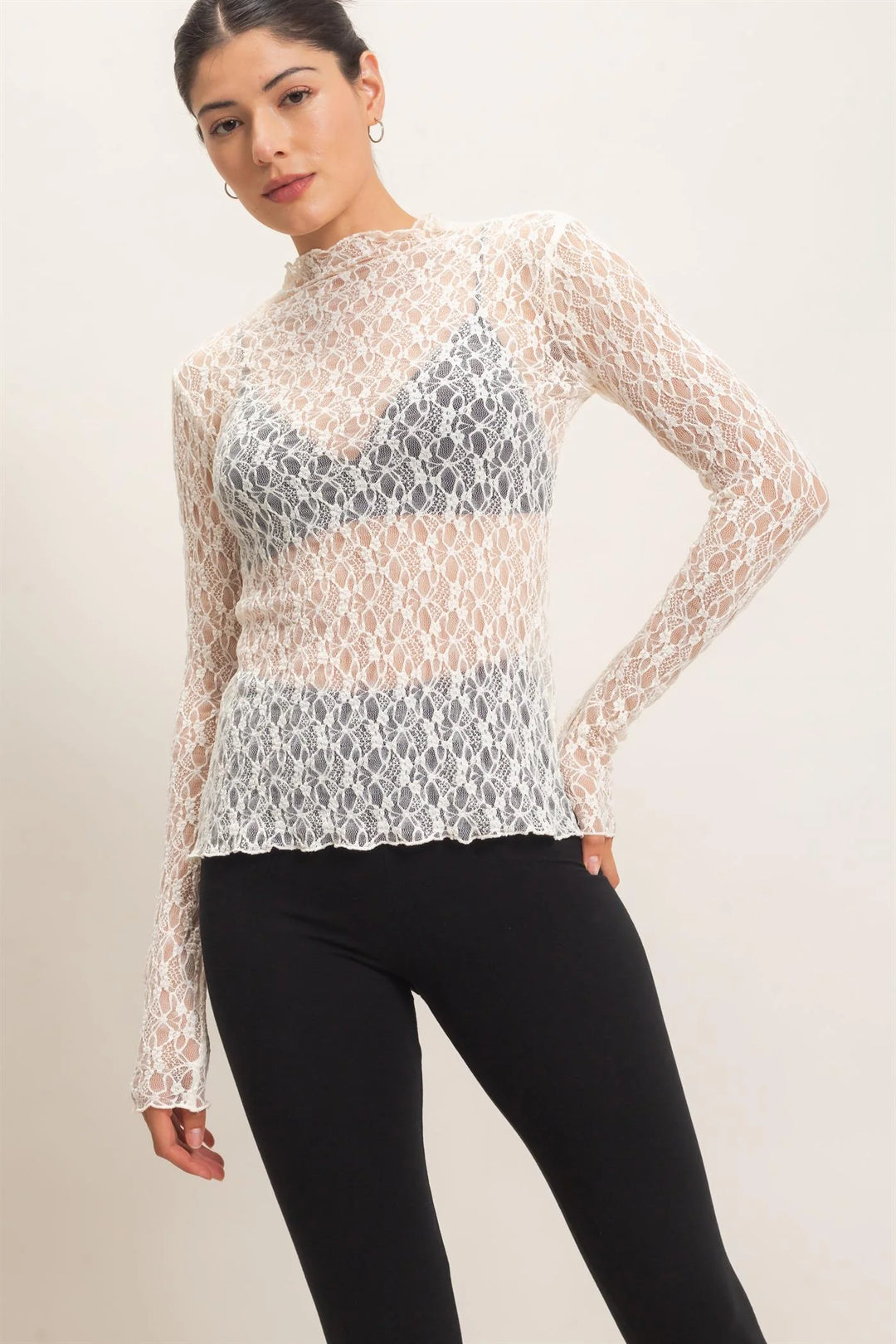 Ladies HYFVE Lace Mock Neck Long Sleeve Top - HF26E033 - Assorted Colors
