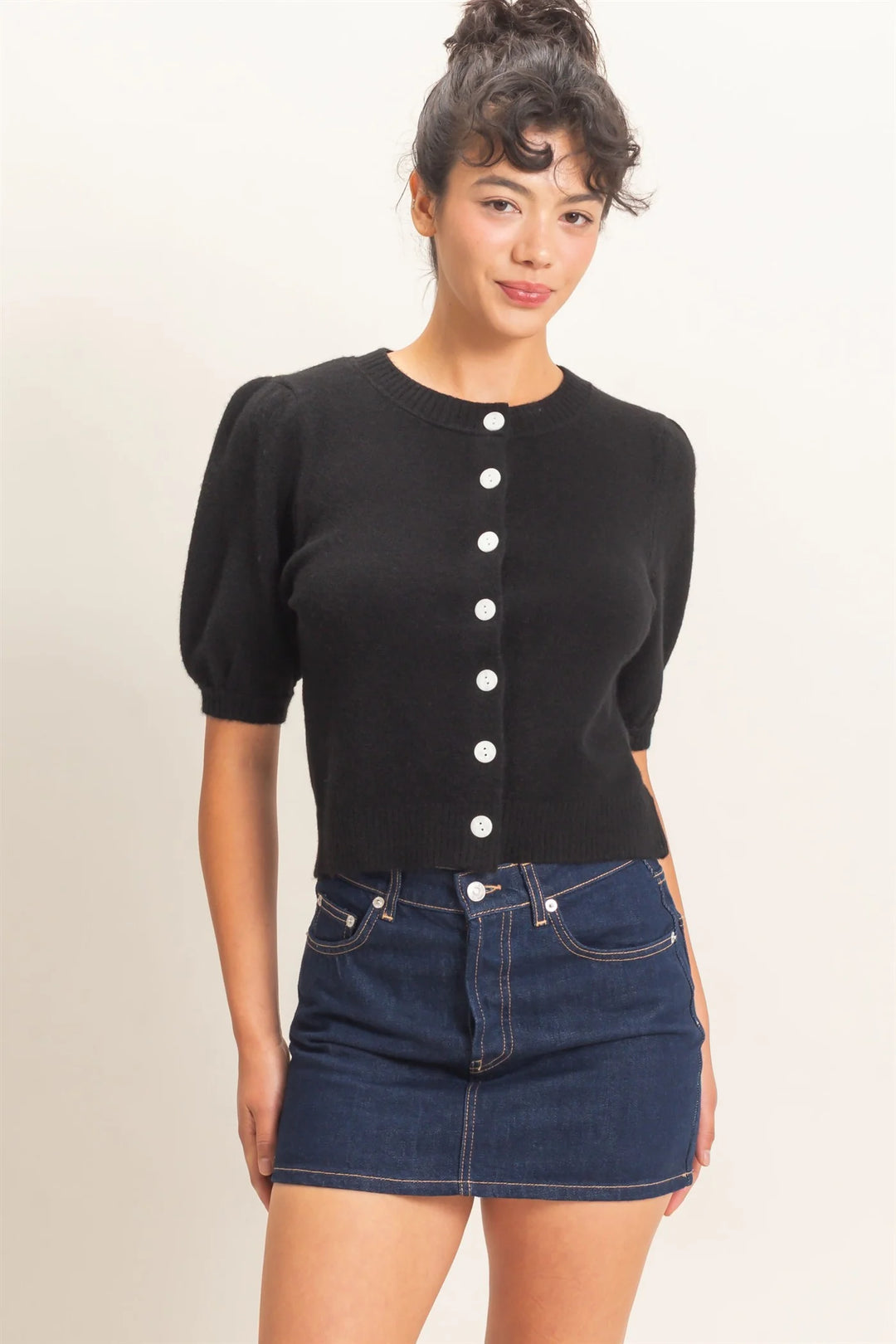 Ladies Hyfve Button Front Puff Short Sleeve Cardigan - Black - DZ26C960
