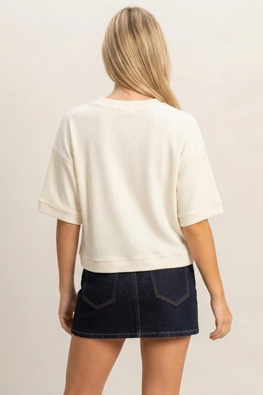 Ladies Hyfve Button-Down Short Sleeve Waffle Top - Cream - DZ26F244