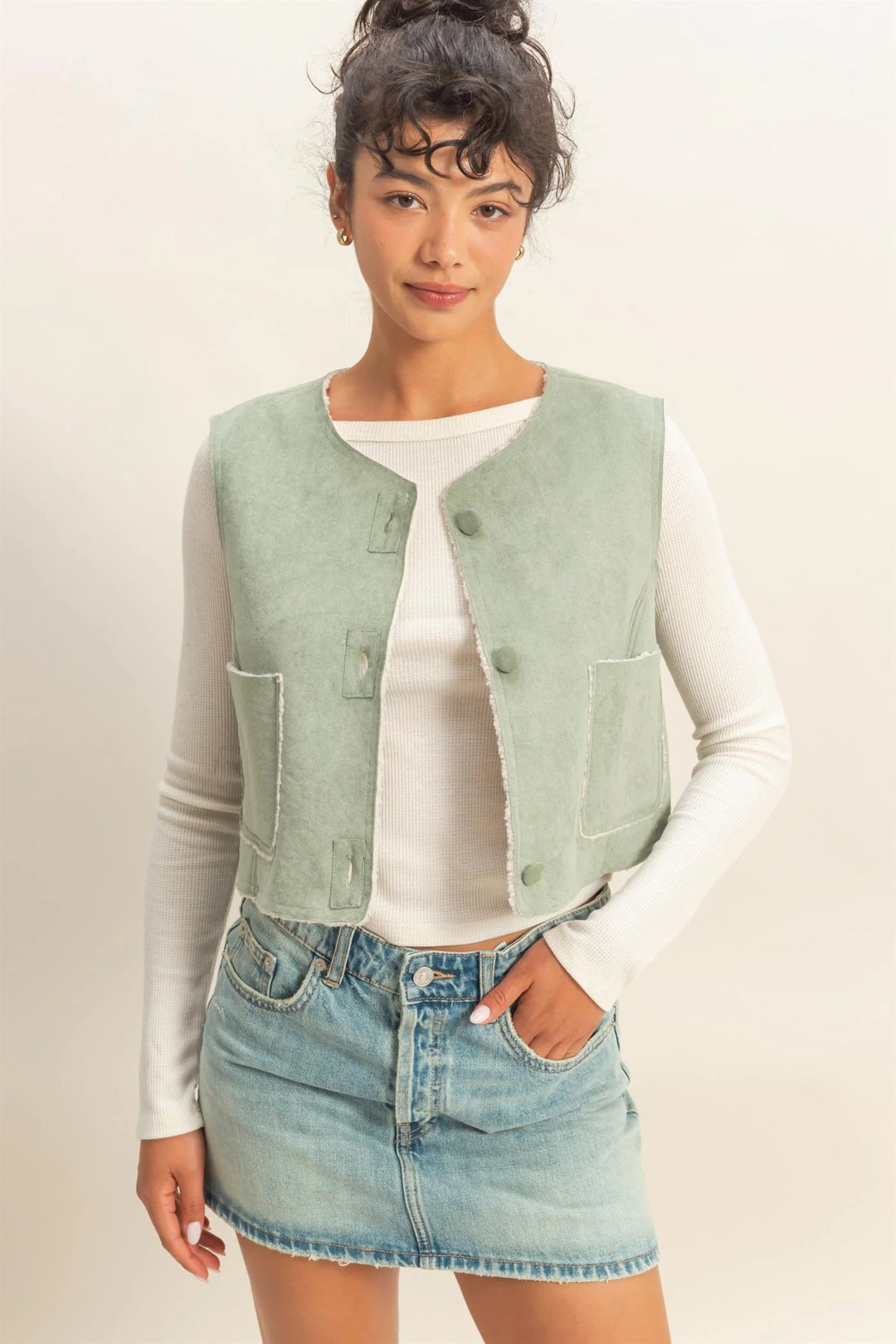 Ladies Hyfve Suede Cropped Vest With Pockets - DZ25E607