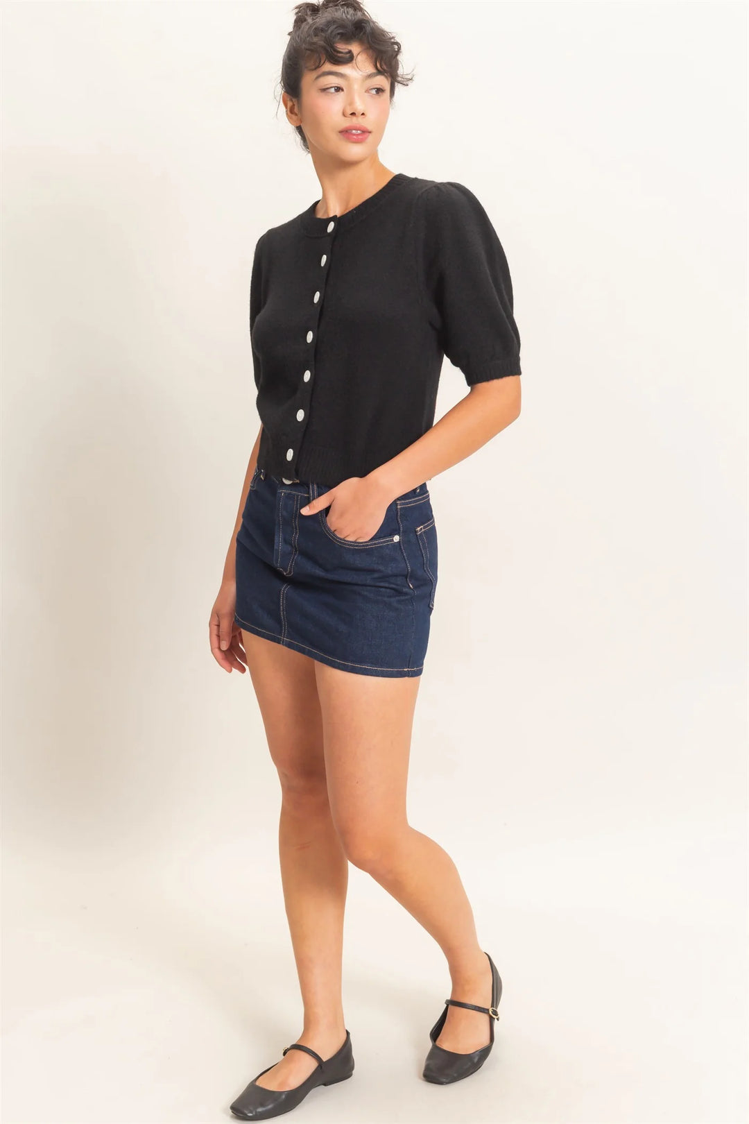 Ladies Hyfve Button Front Puff Short Sleeve Cardigan - Black - DZ26C960