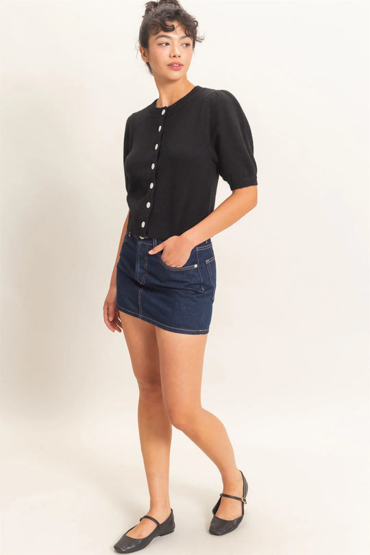 Ladies Hyfve Button Front Puff Short Sleeve Cardigan - Black - DZ26C960