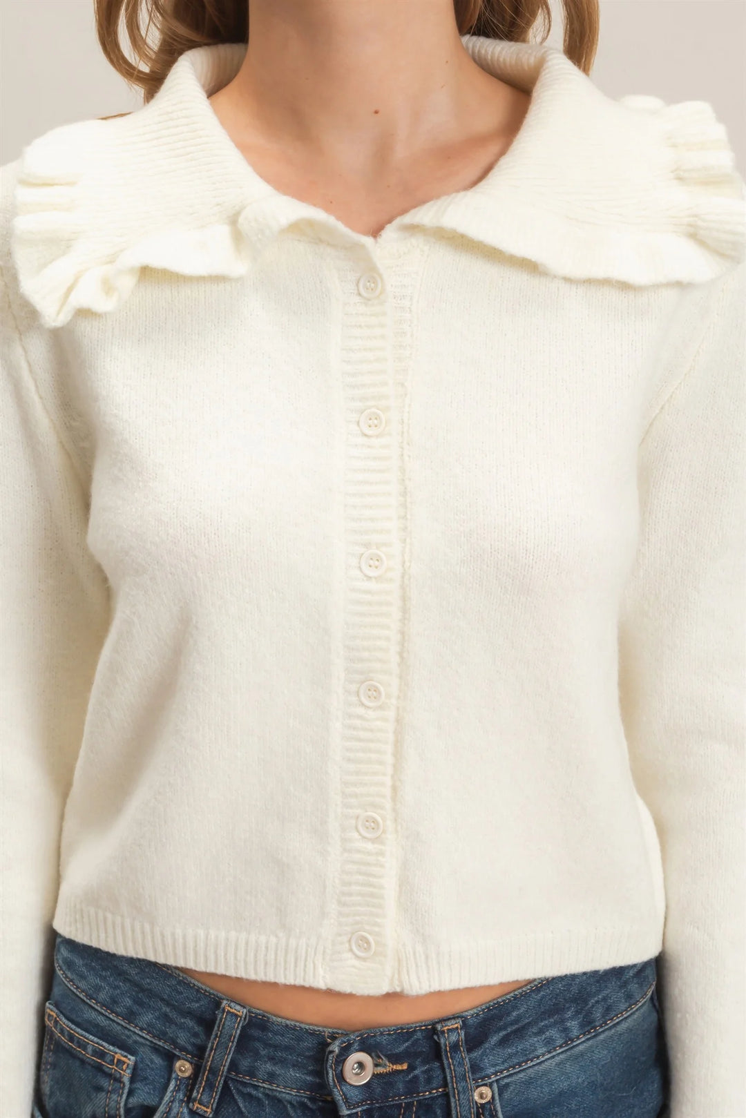 Ladies Hyfve Ruffled Collar Knit Cardigan - Ivory - HF26E162-D