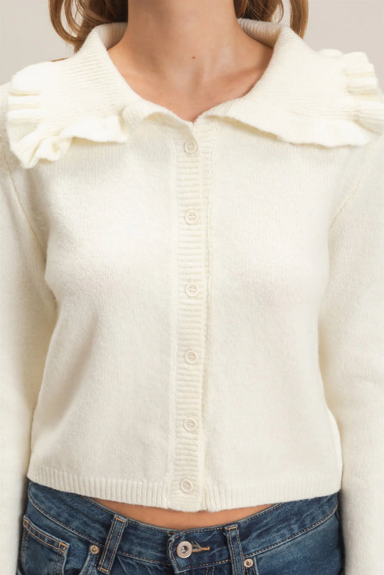 Ladies Hyfve Ruffled Collar Knit Cardigan - Ivory - HF26E162-D