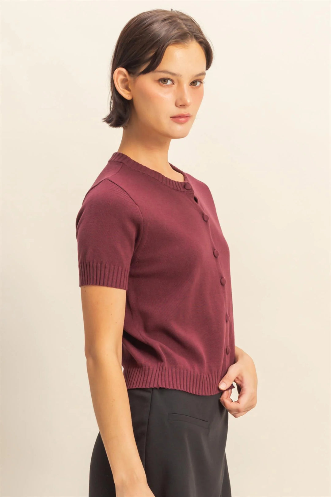 Ladies HYFVE Crew Neck Short Sleeve Buttoned Cardigan - DZ25E499