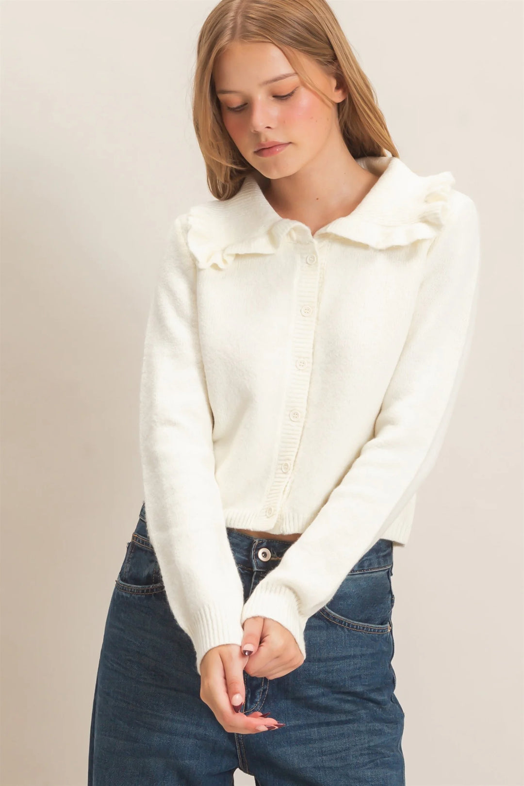 Ladies Hyfve Ruffled Collar Knit Cardigan - Ivory - HF26E162-D