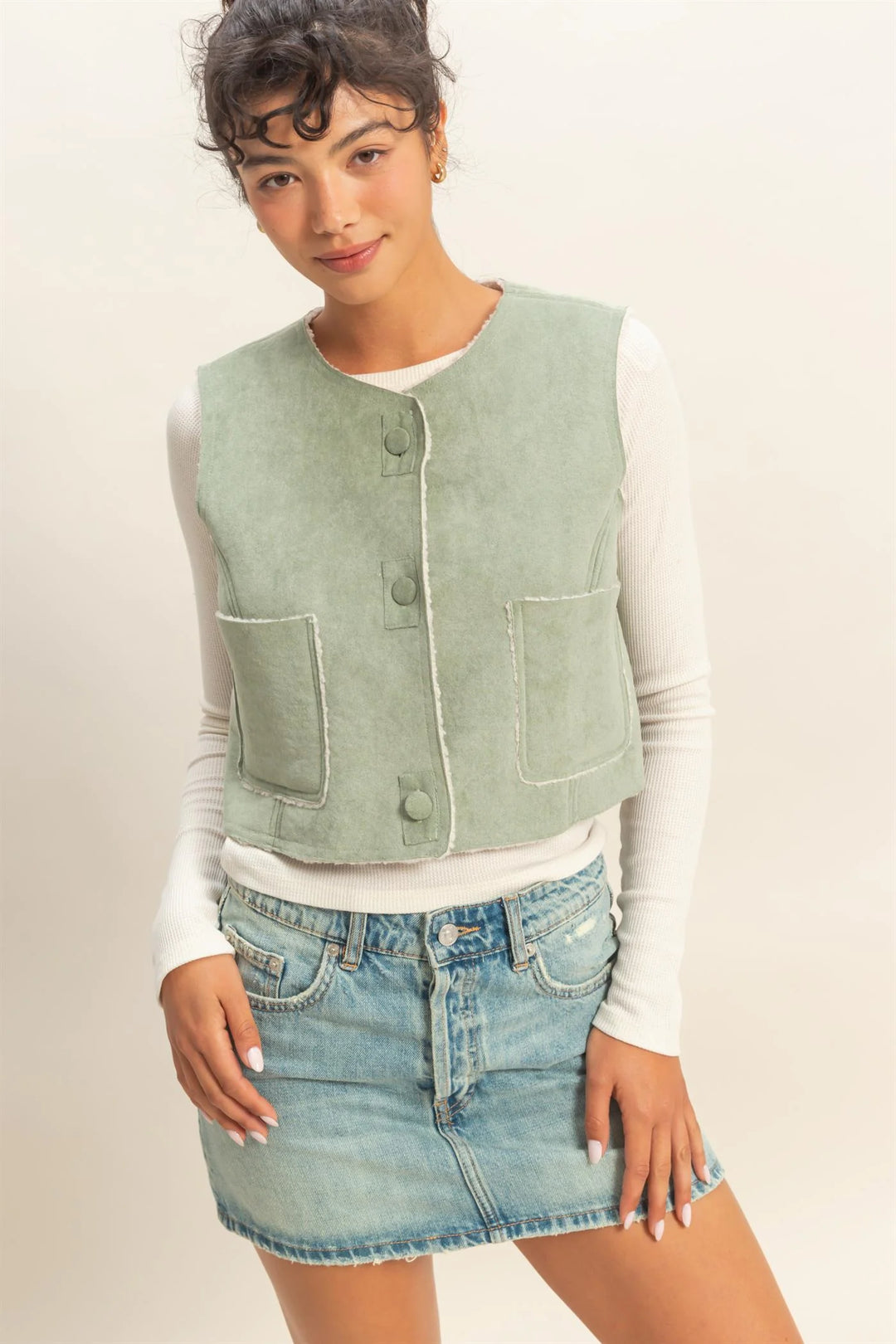 Ladies Hyfve Suede Cropped Vest With Pockets - DZ25E607