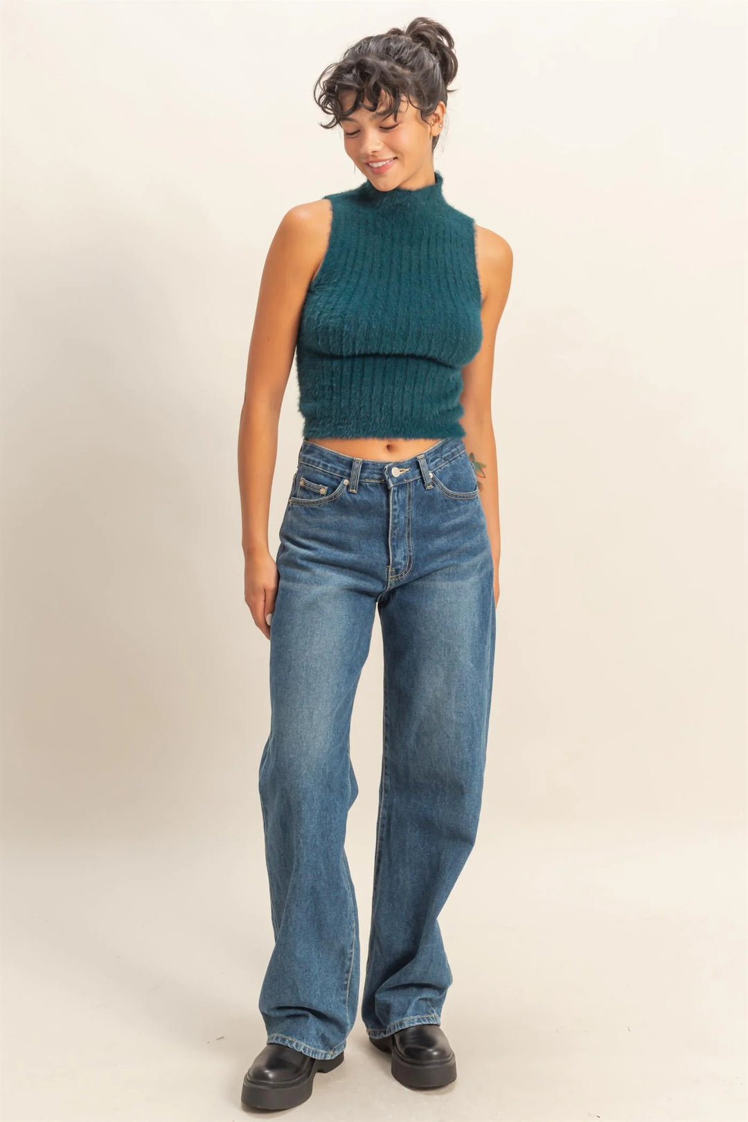 Ladies Hyfve Deep Green Ribbed Sleeveless High Neck Knit Top - DZ25F113