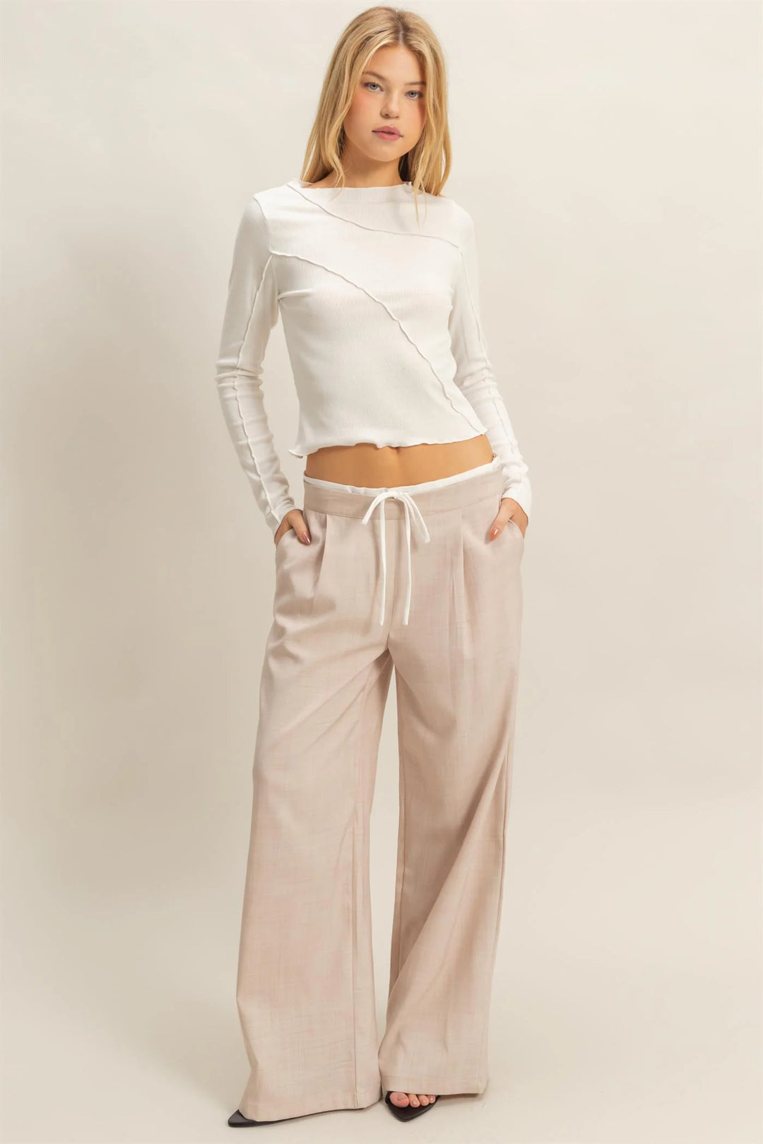 Ladies HYFVE Asymmetrical Raw Edge Knit Long Sleeve Top - HF25F358OffWhite