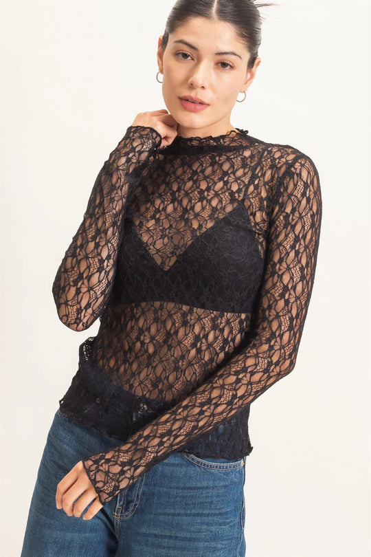 Ladies HYFVE Lace Mock Neck Long Sleeve Top - HF26E033 - Assorted Colors