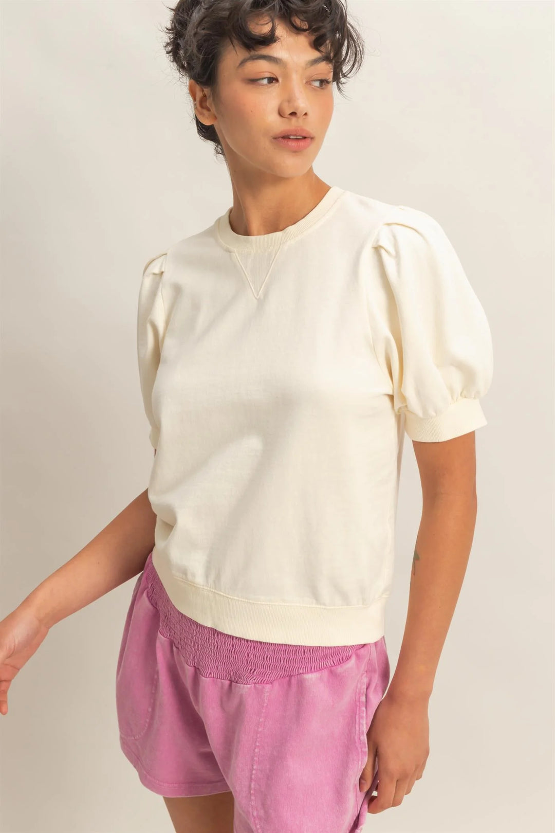 Ladies Hyfve Puff Sleeve V-Stitch Crew Neck Top - DZ26A574