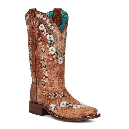 Women's Corral Distressed Cognac Floral Embroidery Western Boot - A4398