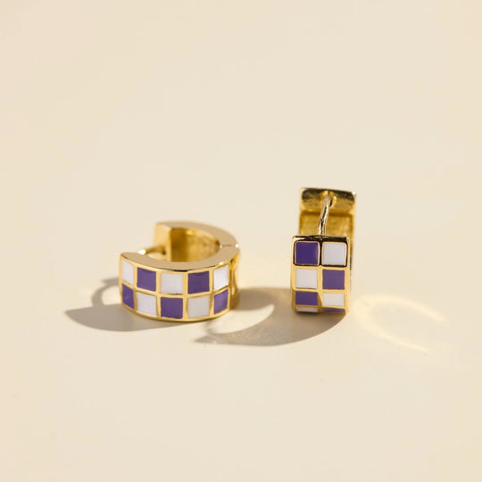 Nickel & Suede Purple & White Checkered Enamel Huggies