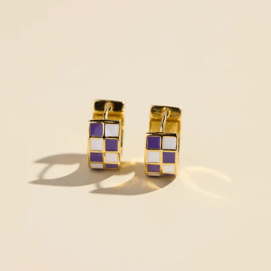 Nickel & Suede Purple & White Checkered Enamel Huggies