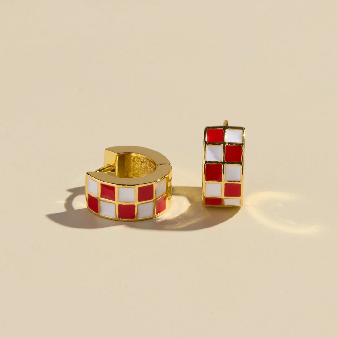 Nickel & Suede Red & Yellow Checkered Enamel Huggies