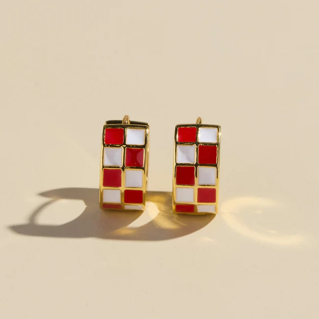 Nickel & Suede Red & Yellow Checkered Enamel Huggies