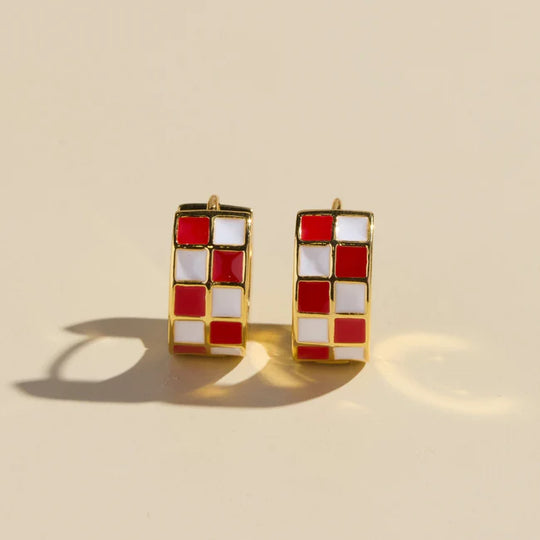 Nickel & Suede Red & Yellow Checkered Enamel Huggies