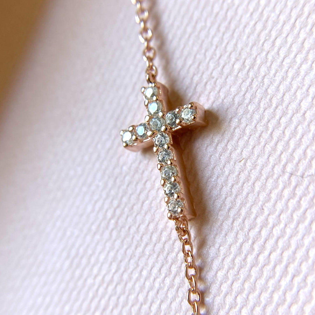 Sugar Bean Jewelry SIDEWAYS CROSS NECKLACE - Rose Gold