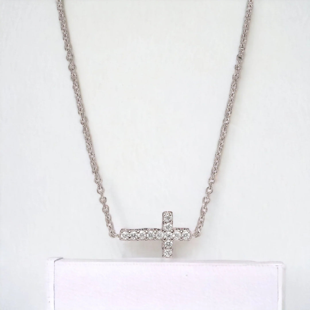 Sugar Bean Jewelry SIDEWAYS CROSS NECKLACE - White Gold