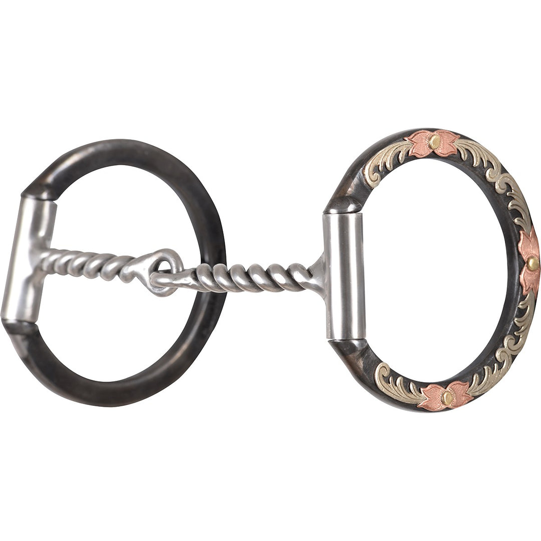 Classic Equine Floral Scroll Tool Box D Ring Bit with Twisted Wire