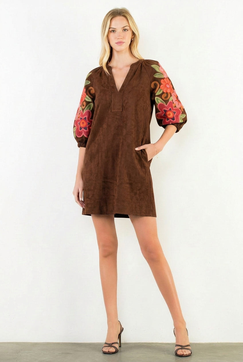 Ladies THML Embroidered Sleeve Brown Suede Dress - THS2066