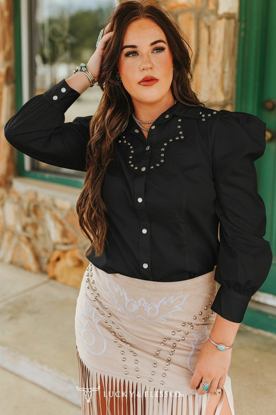 Ladies Lucky & Blessed Black Pearl Snap Puff Sleeve Studded Shirt - TO957BLK