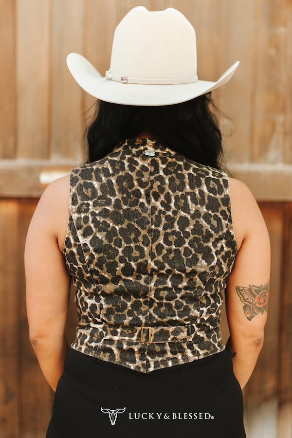 Ladies Lucky & Blessed Leopard Printed Button Down Vest - V2029