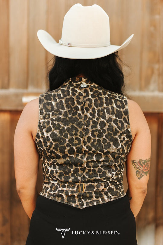 Ladies Lucky & Blessed Leopard Printed Button Down Vest - V2029