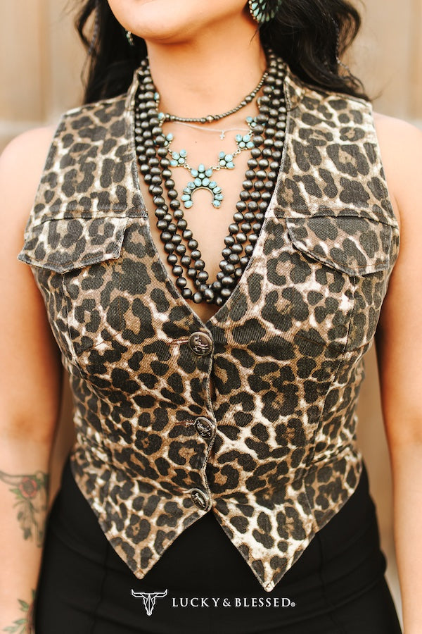 Ladies Lucky & Blessed Leopard Printed Button Down Vest - V2029