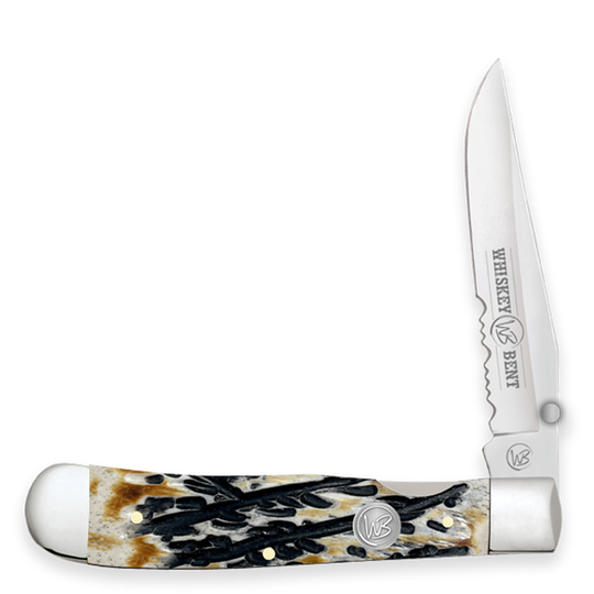 Whiskey Ranch Carved Burnt Bone Trapper Lock Knife WB1616 Nigro's