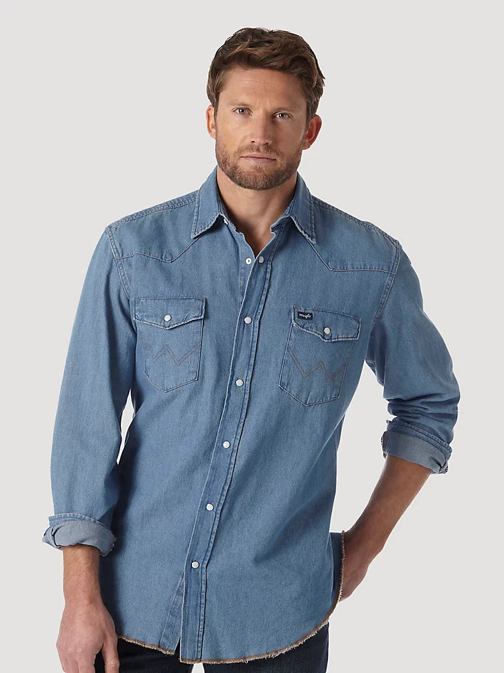 Men's Wrangler Cowboy Cut® Long Sleeve Western Denim Snap Work Shirt in Stonewash - 70127SW